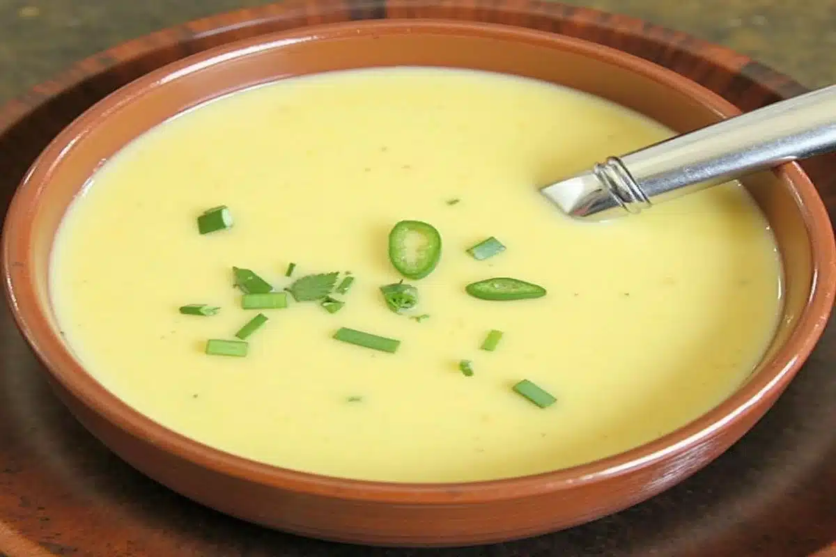 Cream of jalapeno soup garnished with cilantro in a white bowl