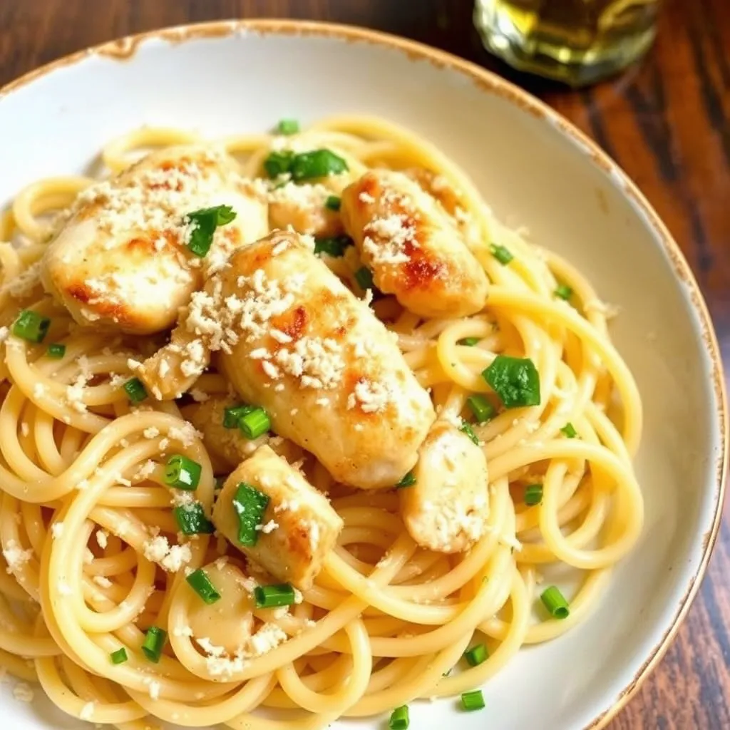 Delicious garlic parmesan chicken pasta served in a white bowl.