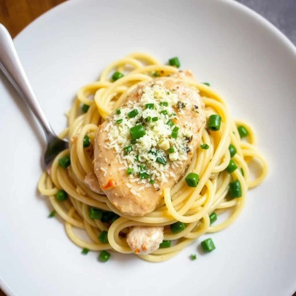 Delicious garlic parmesan chicken pasta served in a white bowl.