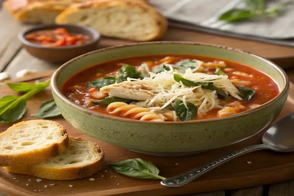 Creamy Parmesan Italian Sausage Soup with spinach served in a bowl