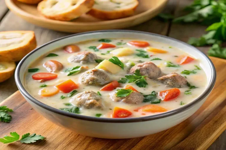 Creamy Parmesan Italian Sausage Soup with spinach served in a bowl