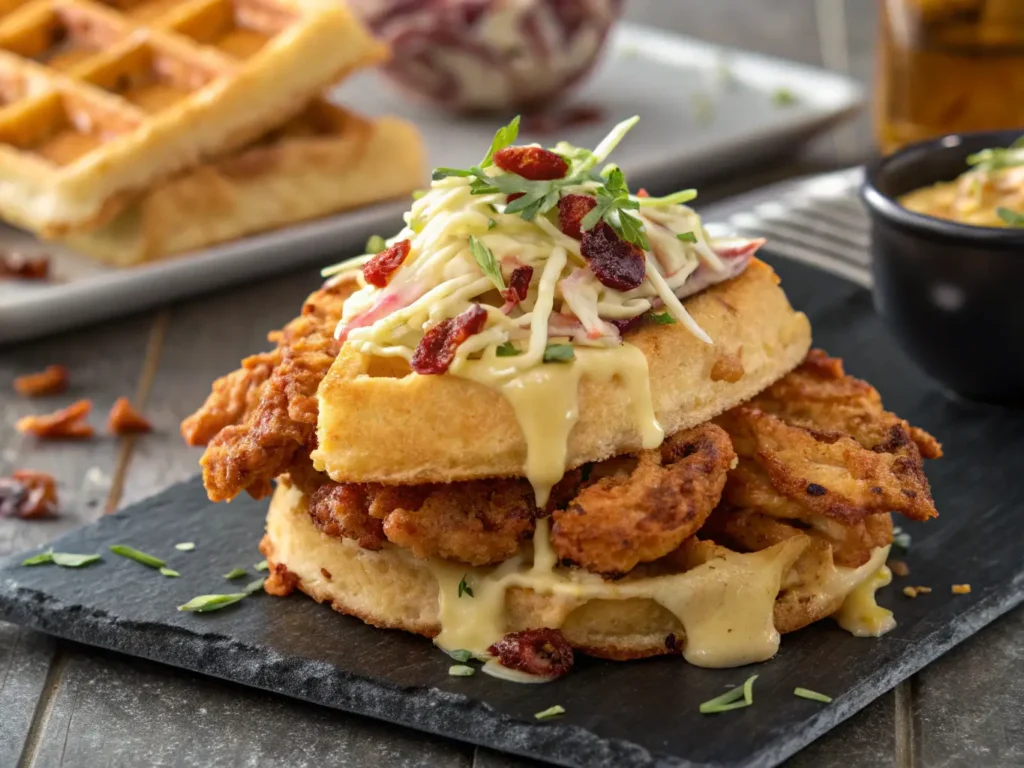 Crispy fried chicken and cheddar-chive waffle sandwich drizzled with hot honey butter, topped with apple slaw and candied bacon on slate board