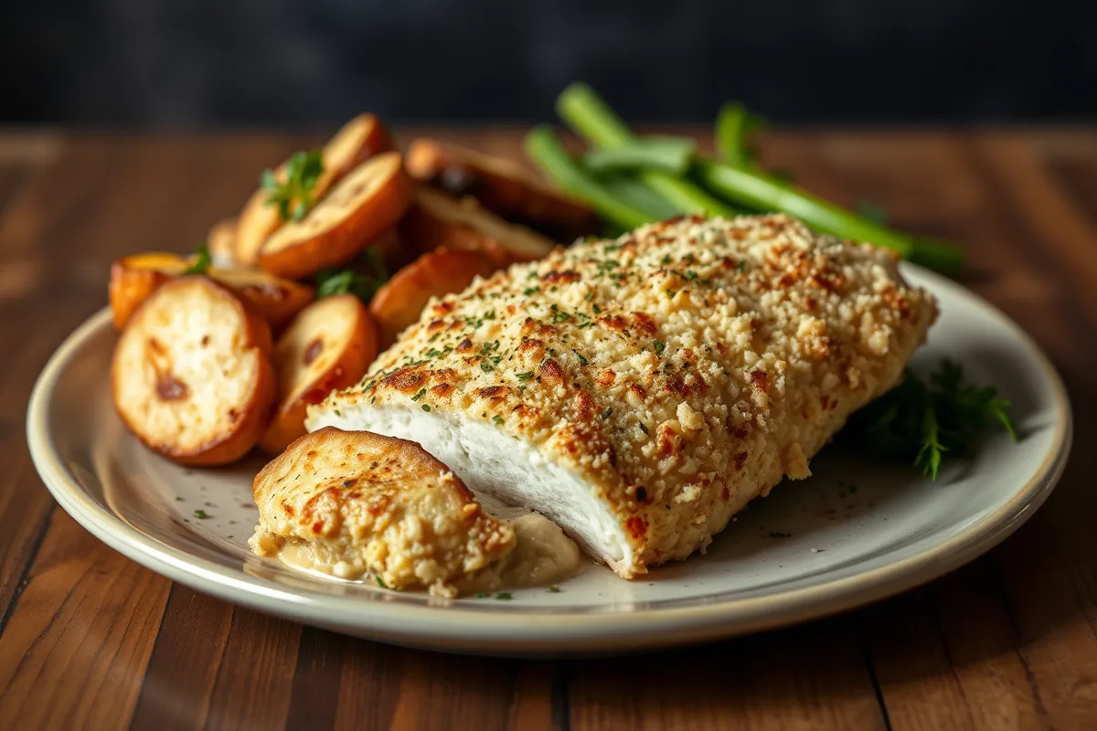 A plate of parmesan crusted chicken longhorn, ready to be served