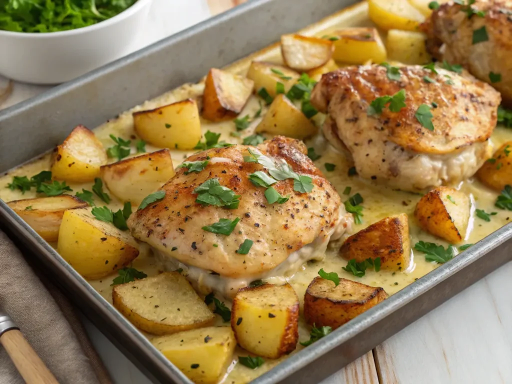 "Crispy skin-on chicken thighs coated in garlic parmesan atop golden roasted potatoes in a sheet pan."
