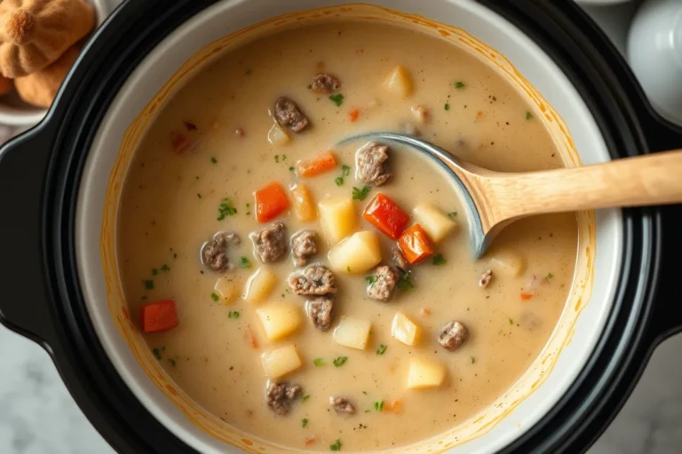 A comforting bowl of crockpot creamy potato and hamburger soup is ready to eat.