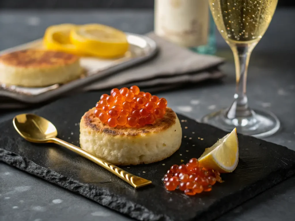 Golden brown butter crumpets topped with champagne crème fraîche, glistening salmon caviar, and chives on black slate