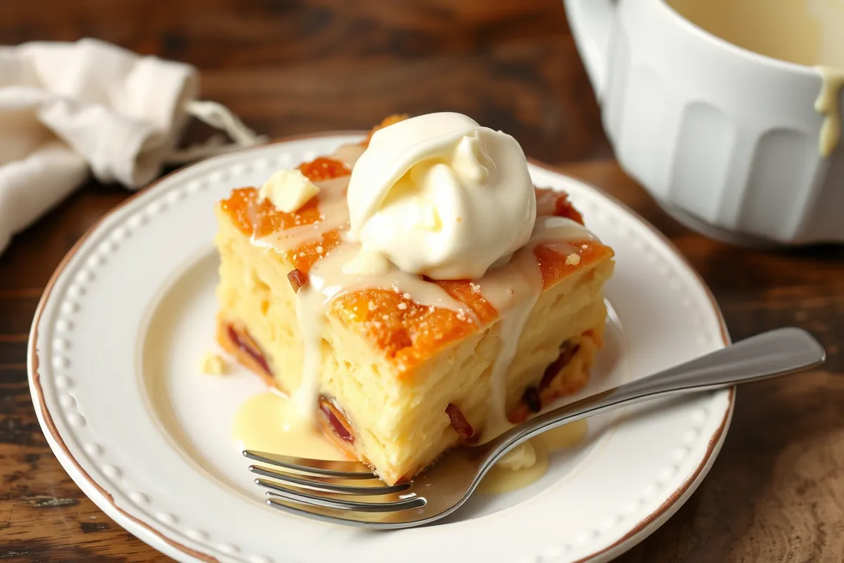 White chocolate bread pudding served warm in a dish