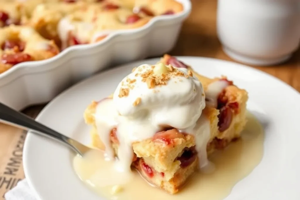 White chocolate bread pudding served warm in a dish