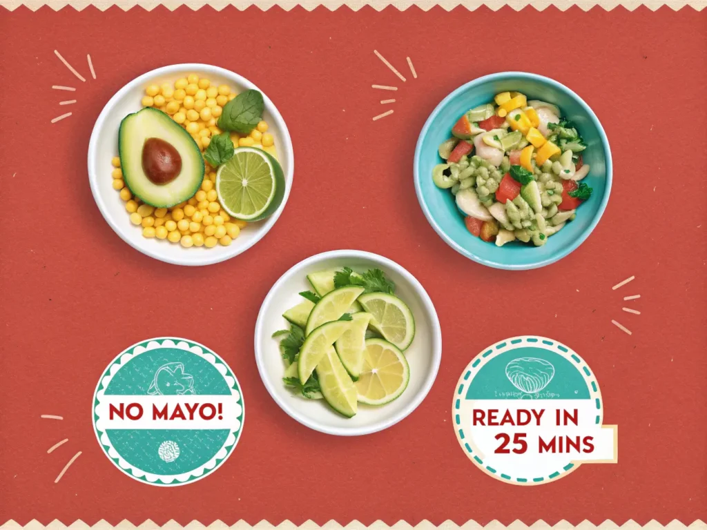 Vibrant Mexican macaroni salad with avocado dressing, charred corn, black beans, and cotija cheese in a glass bowl, topped with crispy tortilla strips and lime