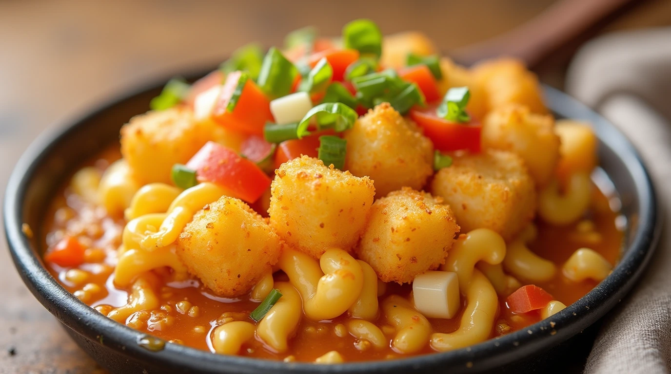 A close up photo of a freshly made big mac tater tot casserole.