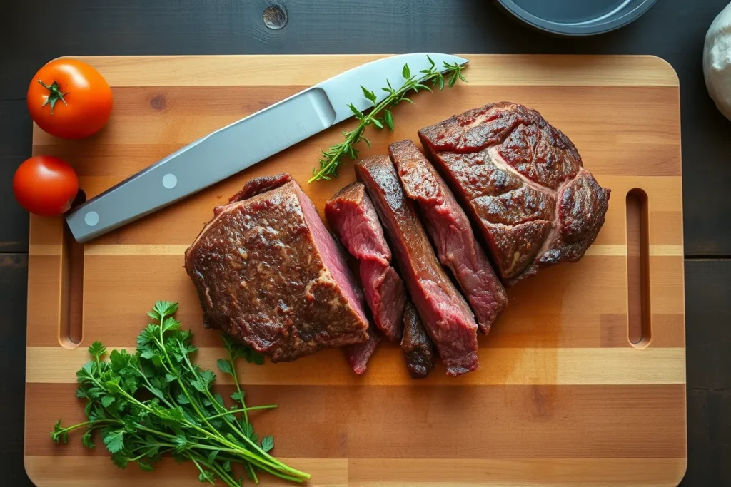 A top-down view of shredded pulled beef on a wooden board.