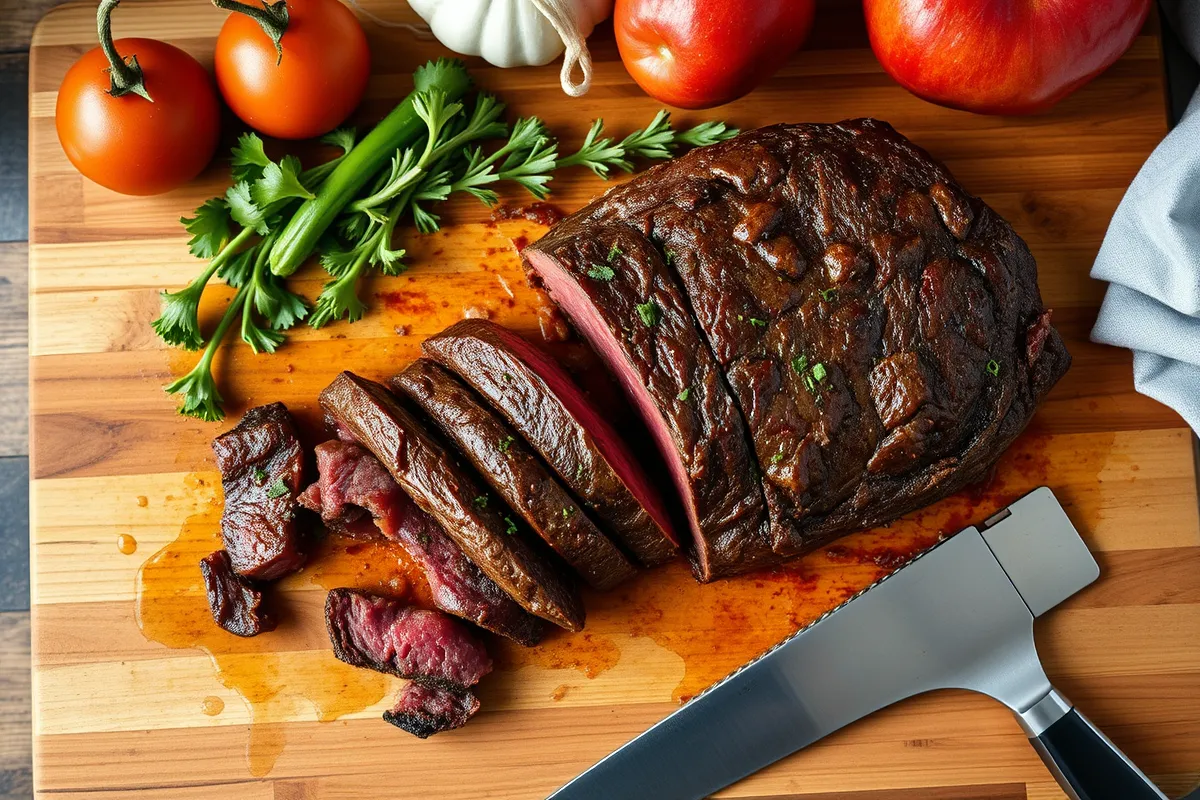 A top-down view of shredded pulled beef on a wooden board.