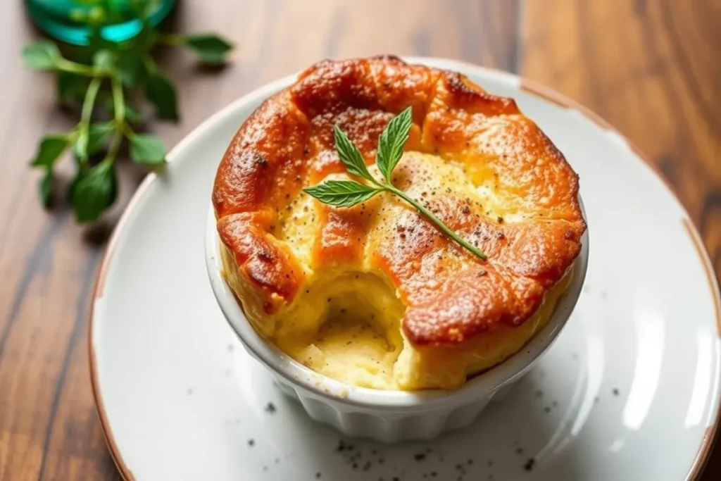 A fresh black pepper and parmesan soufflé in a ramekin