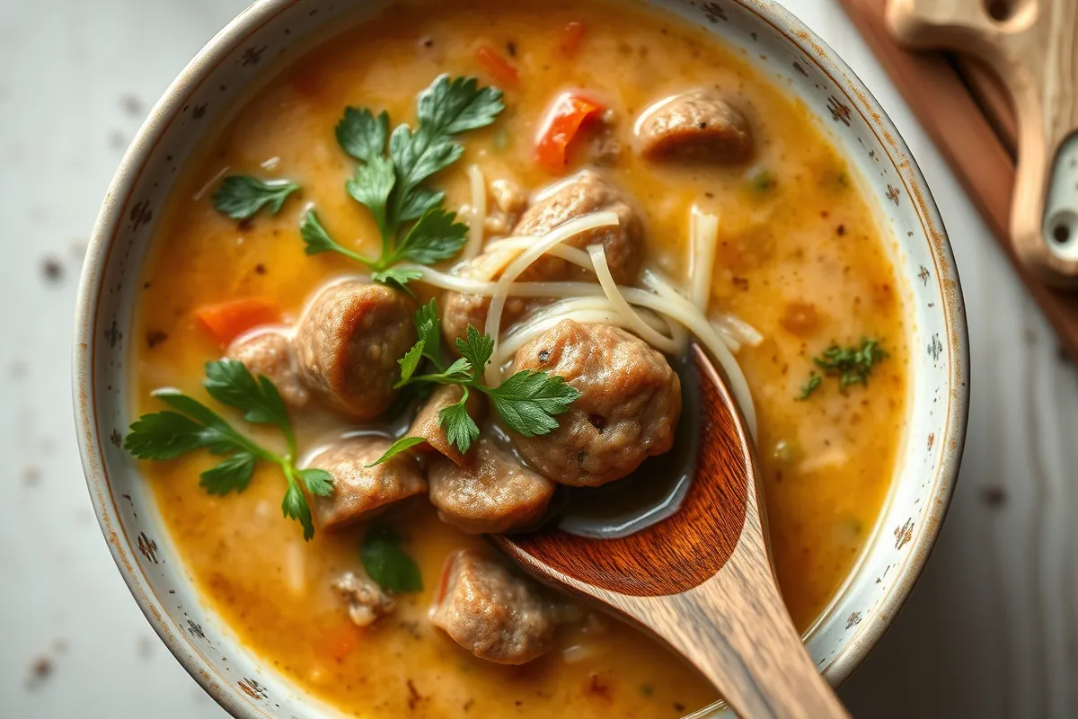 A close-up shot of creamy parmesan italian sausage soup in a rustic bowl.