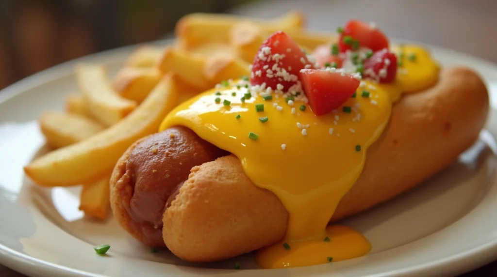 A close-up photo of a freshly made breakfast corndog