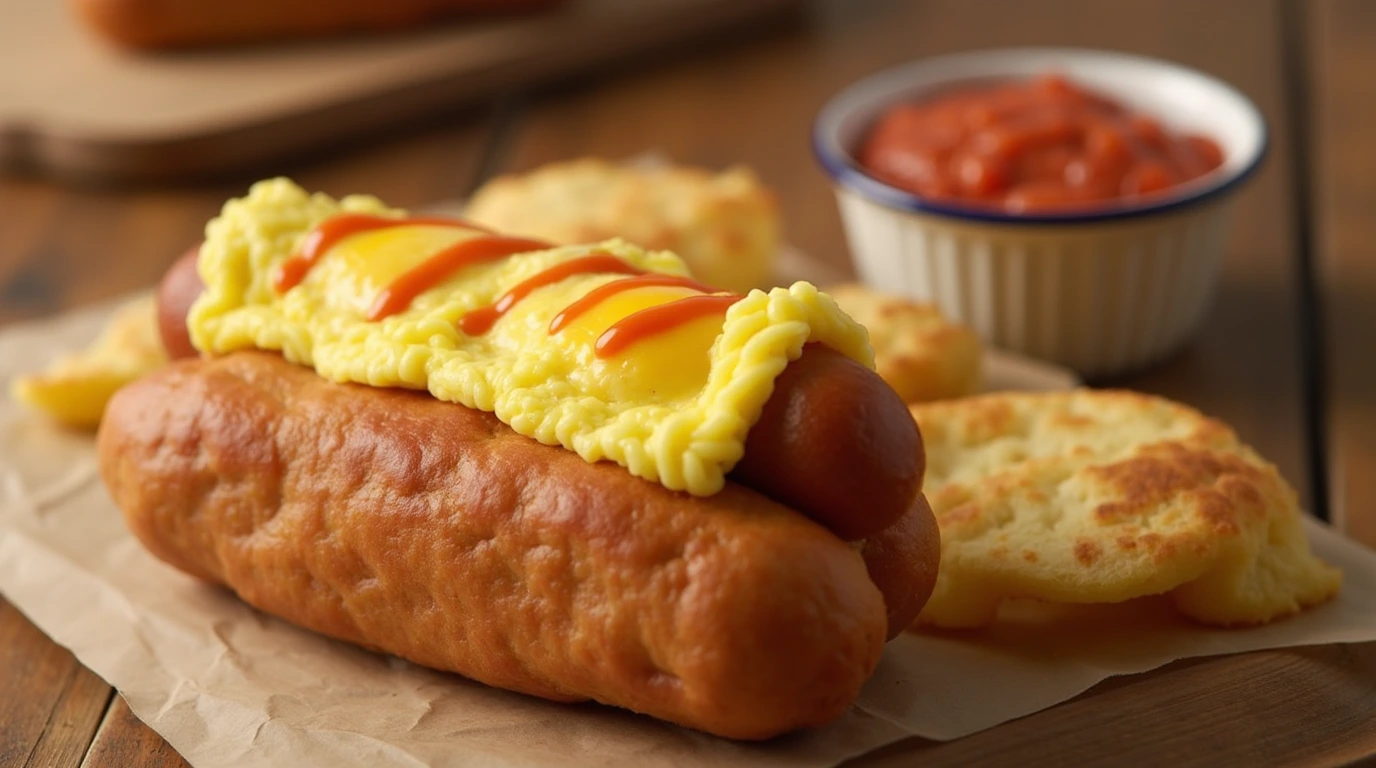 A close-up photo of a freshly made breakfast corndog