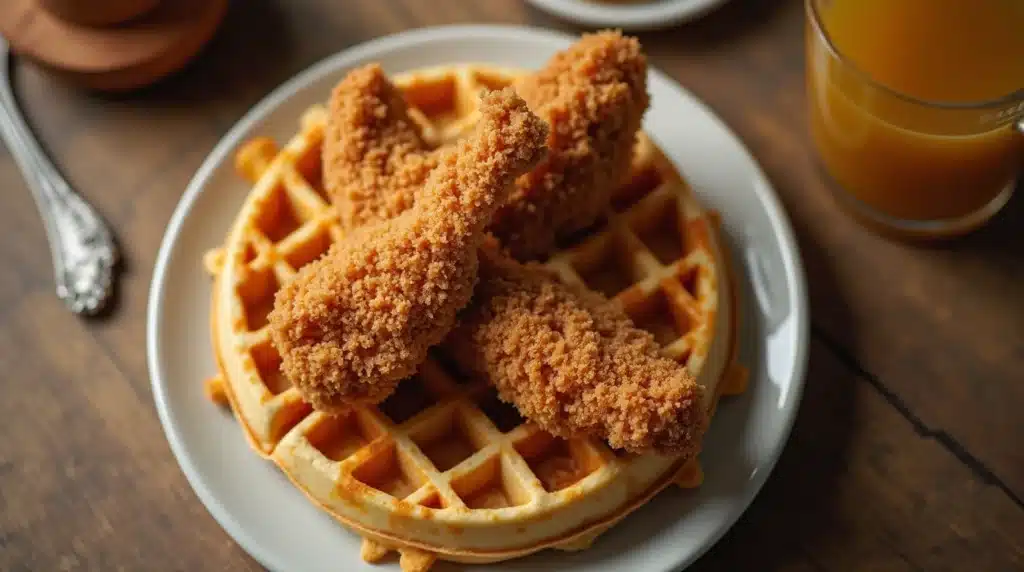 A close-up of a delicious chicken and waffle sandwich with syrup drizzled over it.