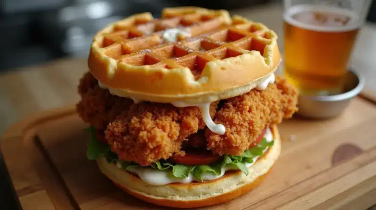 A close-up of a delicious chicken and waffle sandwich with syrup drizzled over it.