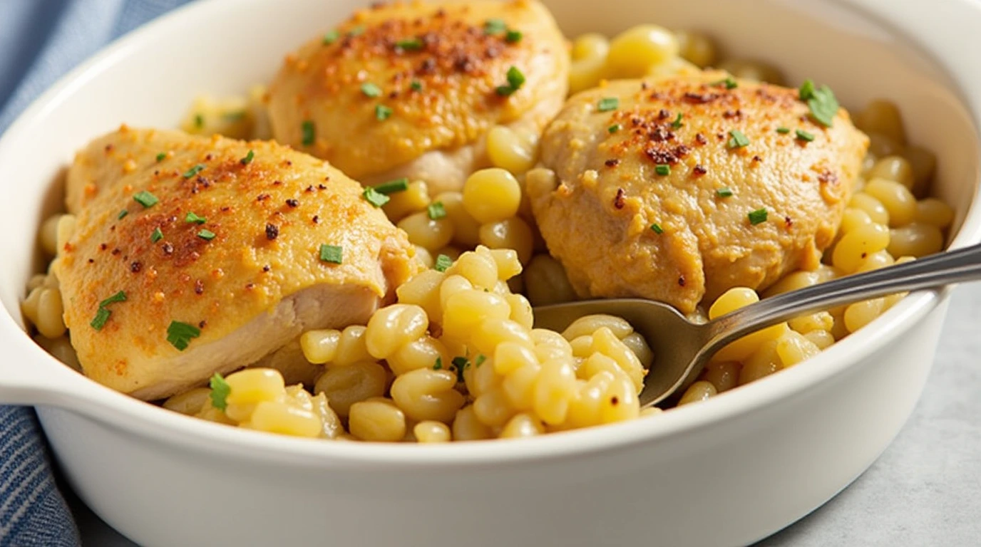 A close up photo of a freshly made chicken thighs hominy casserole.