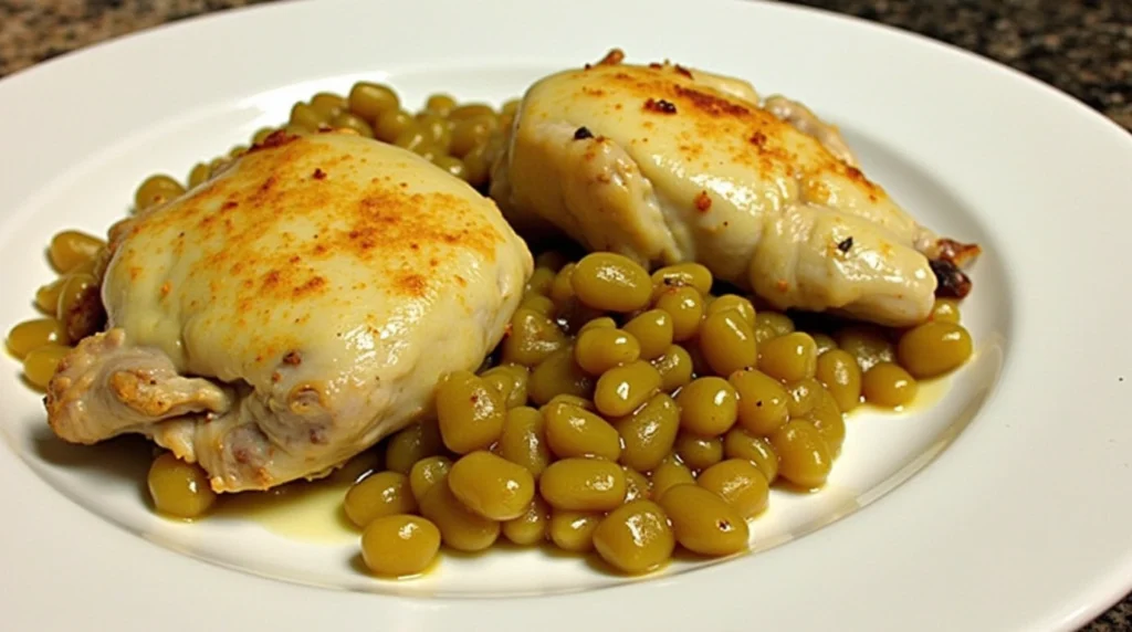 A close up photo of a freshly made chicken thighs hominy casserole.