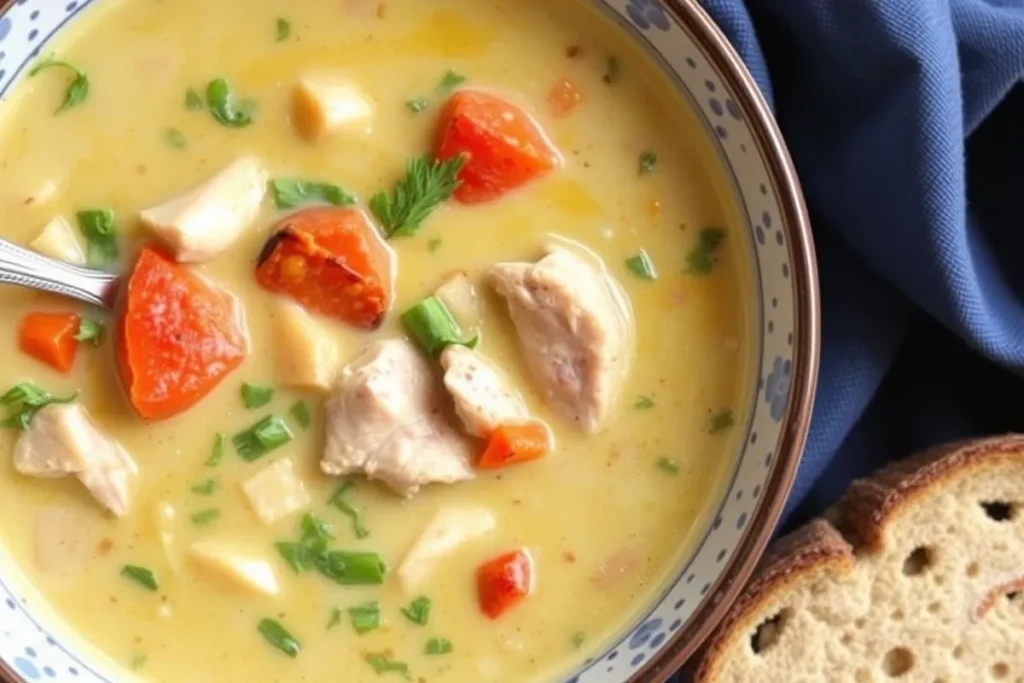 Delicious creamy Tuscan chicken soup with spinach, sun-dried tomatoes, and a creamy broth