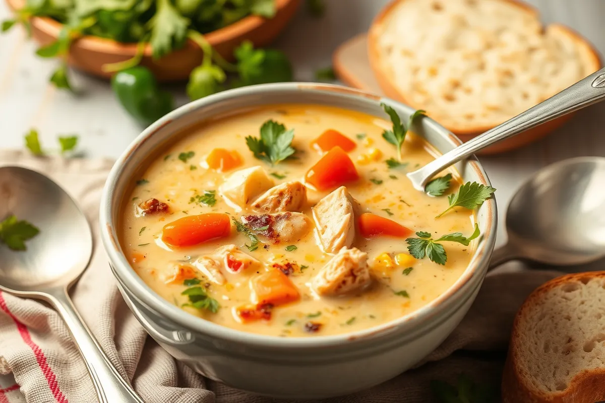 Delicious creamy Tuscan chicken soup with spinach, sun-dried tomatoes, and a creamy broth