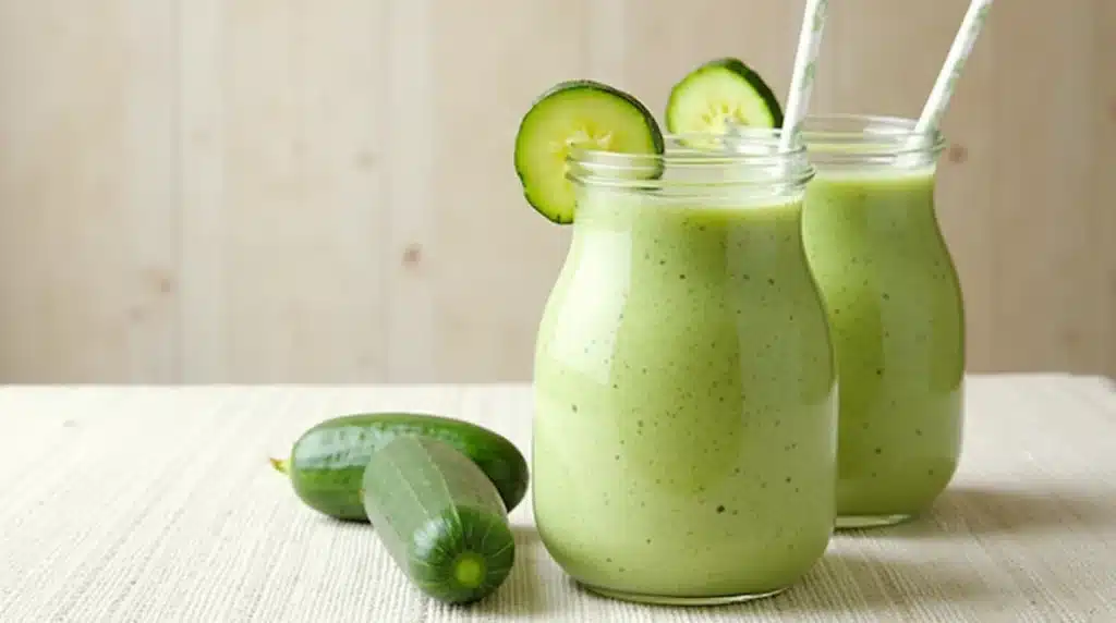 A vibrant glass of cucumber and pineapple smoothie on a countertop.