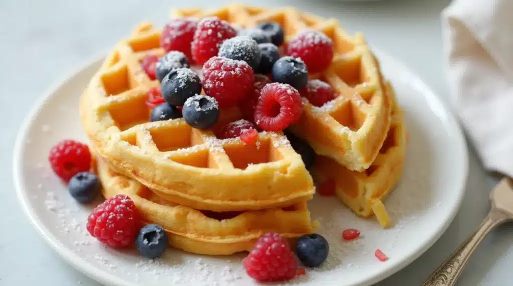 Colorful stack of fruity pebbles waffles on a plate.