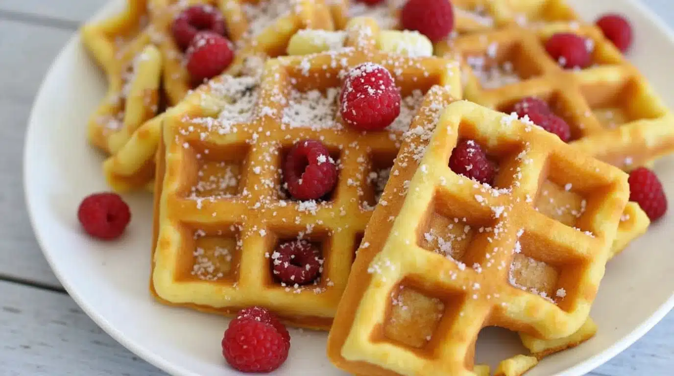 Colorful stack of fruity pebbles waffles on a plate.