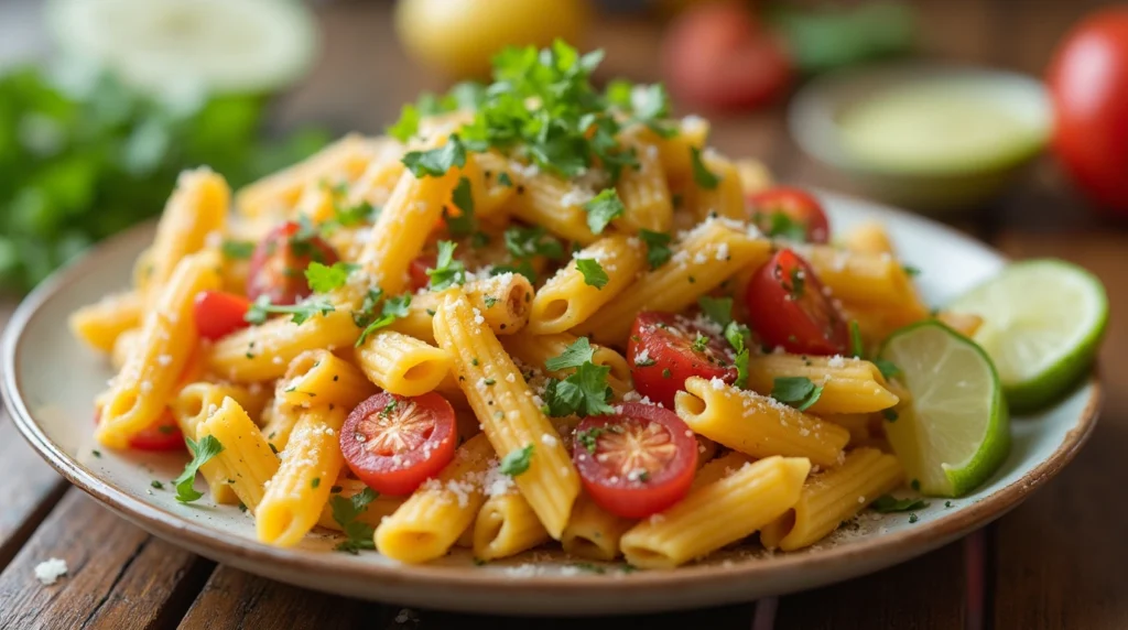 Creamy elote pasta salad with fresh corn and cotija cheese.