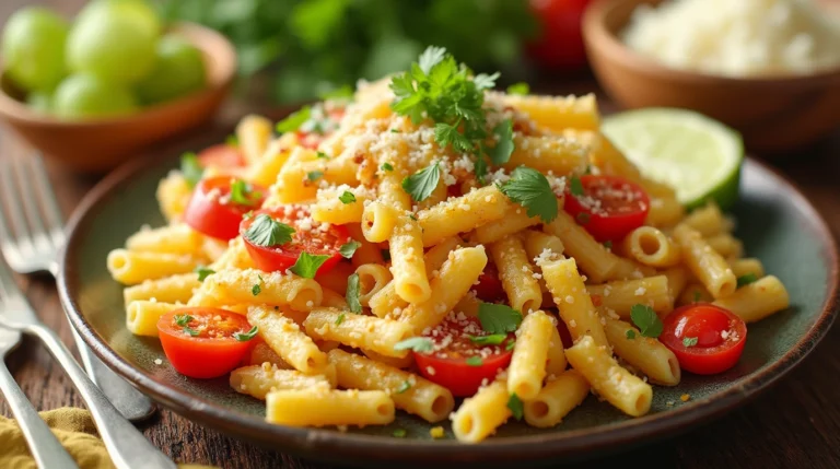 Creamy elote pasta salad with fresh corn and cotija cheese.