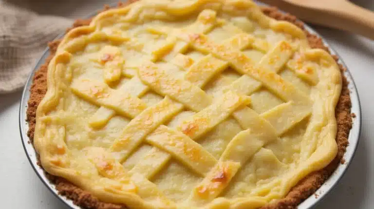 Top-down view of a sliced passover potato pie on a serving plate.