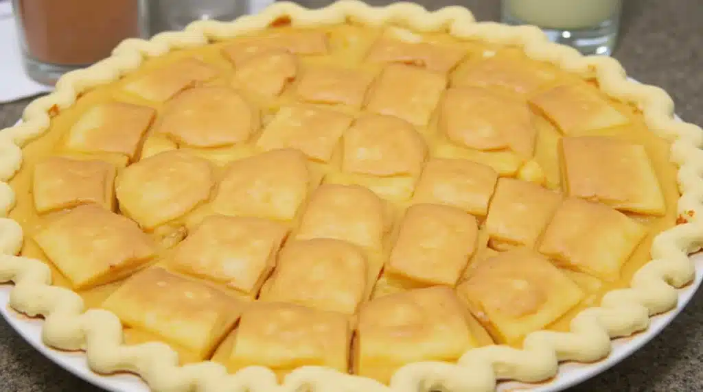 Top-down view of a sliced passover potato pie on a serving plate.