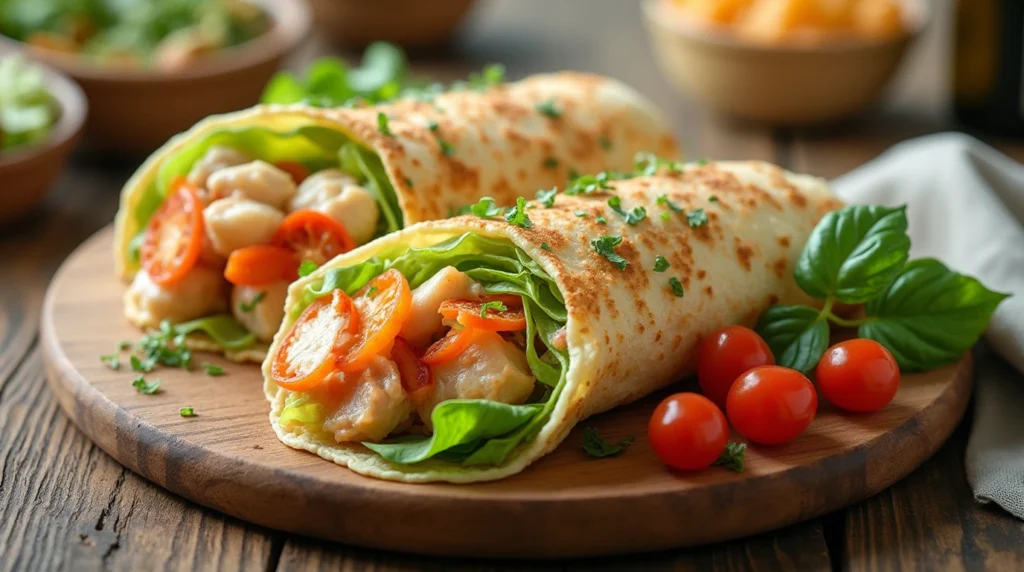 A fresh seafood value salad wrap cut in half.