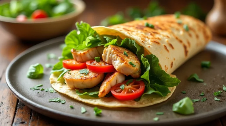 A fresh seafood value salad wrap cut in half.