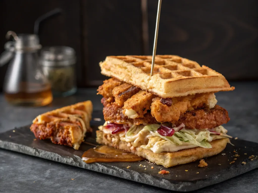 Crispy fried chicken and cheddar-chive waffle sandwich drizzled with hot honey butter, topped with apple slaw and candied bacon on slate board