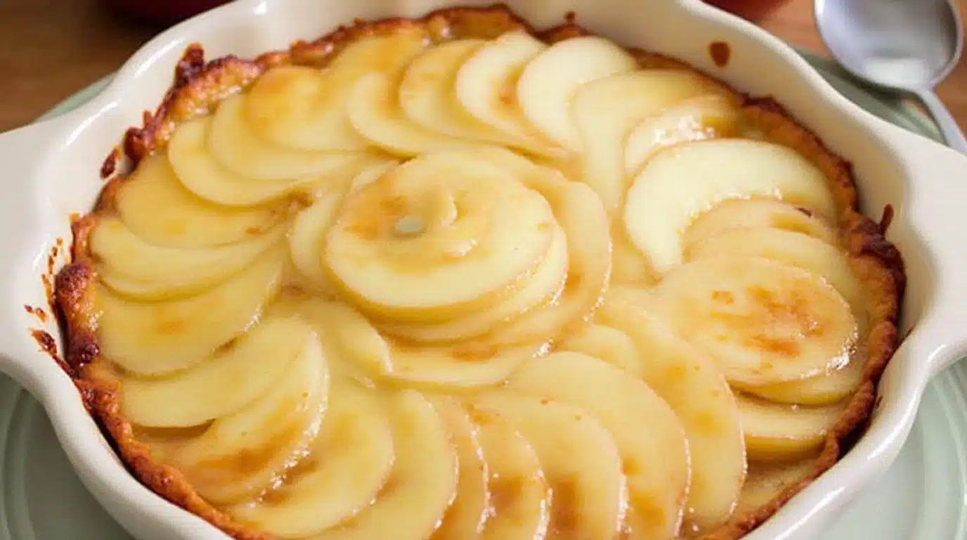 Delicious easiest apple caramel clafoutis ready to serve.