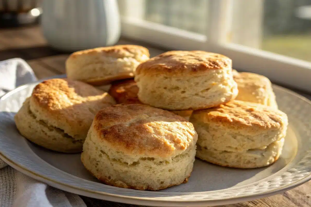 Flaky einkorn biscuits made with cream on a white plate