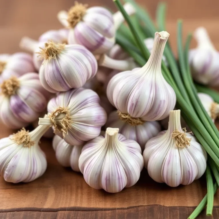 A close-up image of fresh purple garlic bulbs with vibrant purple skin