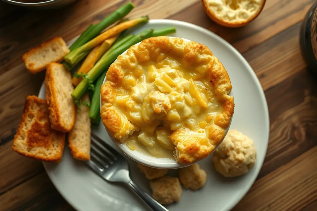 Overhead shot of cheddar bay biscuit chicken pot pie