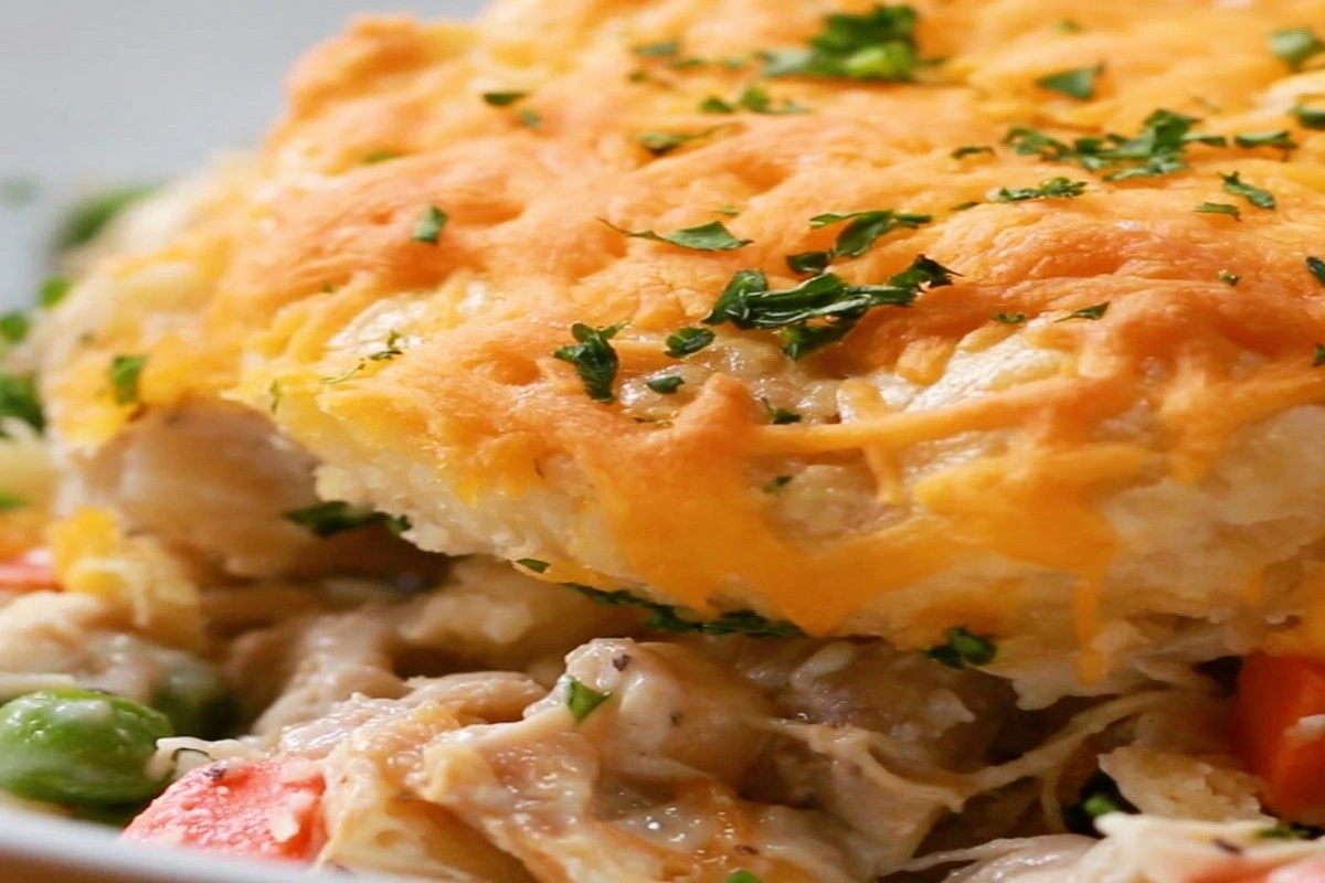 Overhead shot of cheddar bay biscuit chicken pot pie