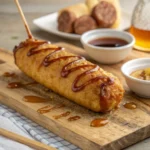 A close-up photo of a freshly made breakfast corndog