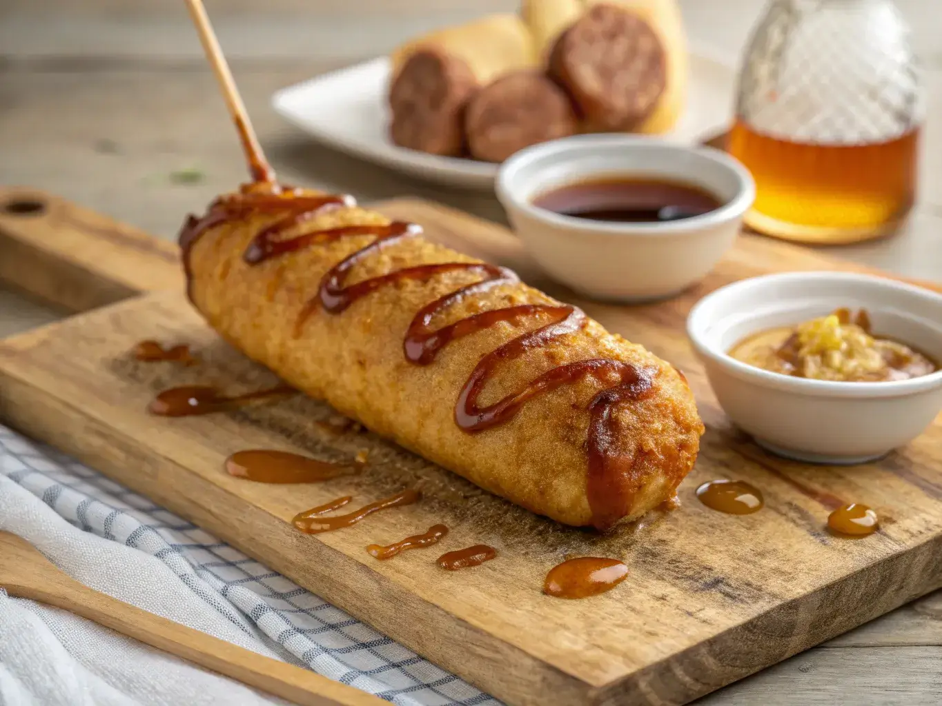 A close-up photo of a freshly made breakfast corndog
