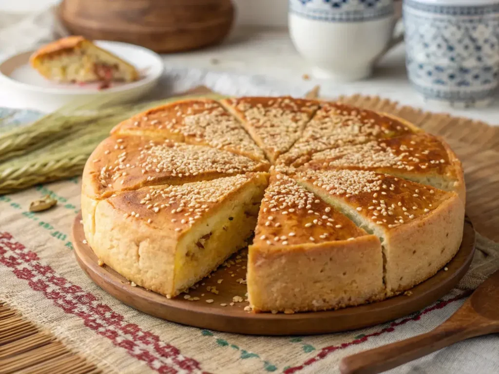 "Golden-brown Salvadoran quesadilla cake with cracked crust, topped with sesame seeds, sliced on a woven tablecloth."
