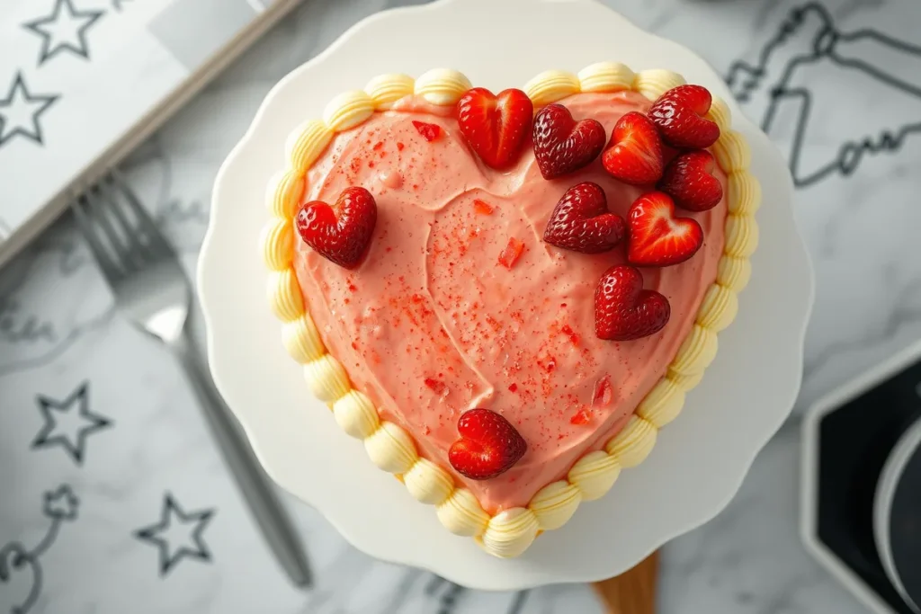 A beautiful heart-shaped cake with a smooth finish and simple decorations.