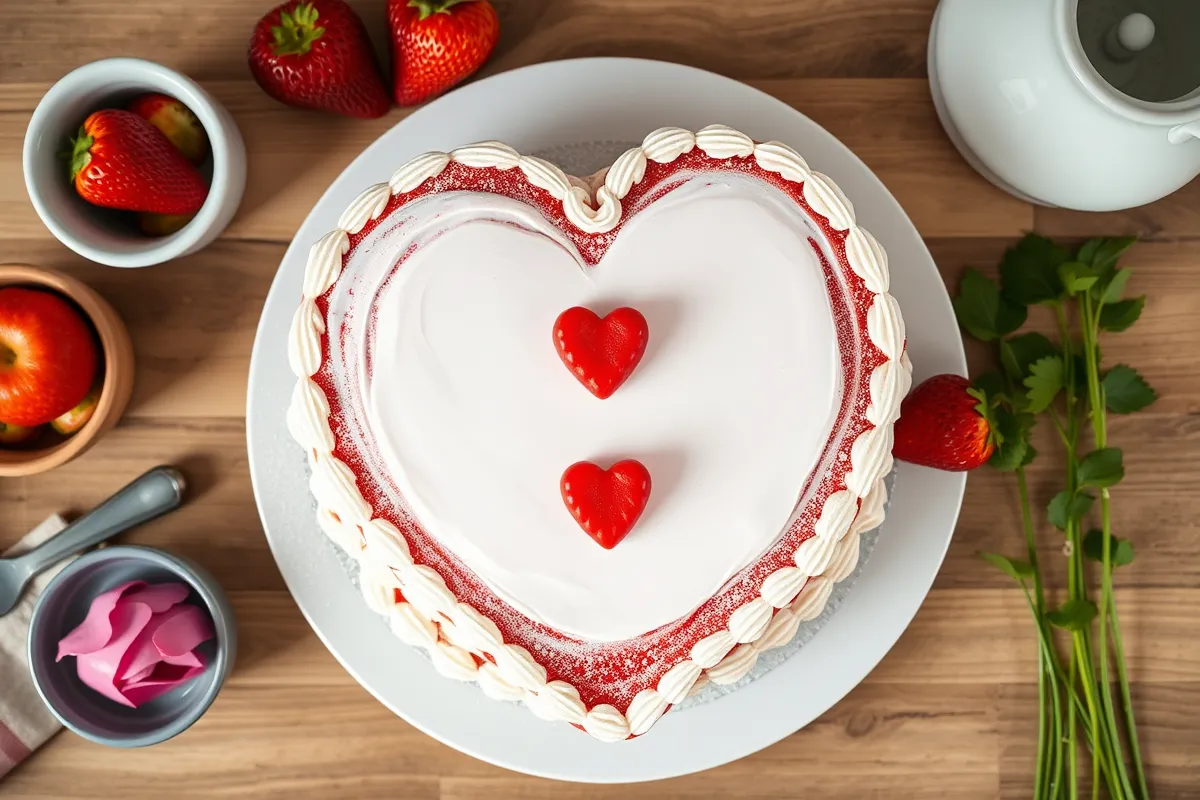 A beautiful heart-shaped cake with a smooth finish and simple decorations.