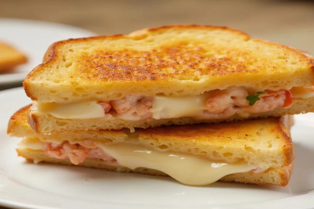 Lobster and crab grilled cheese sandwich with golden crust and melted cheese