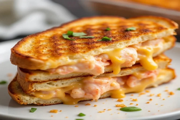 Lobster and crab grilled cheese sandwich with golden crust and melted cheese