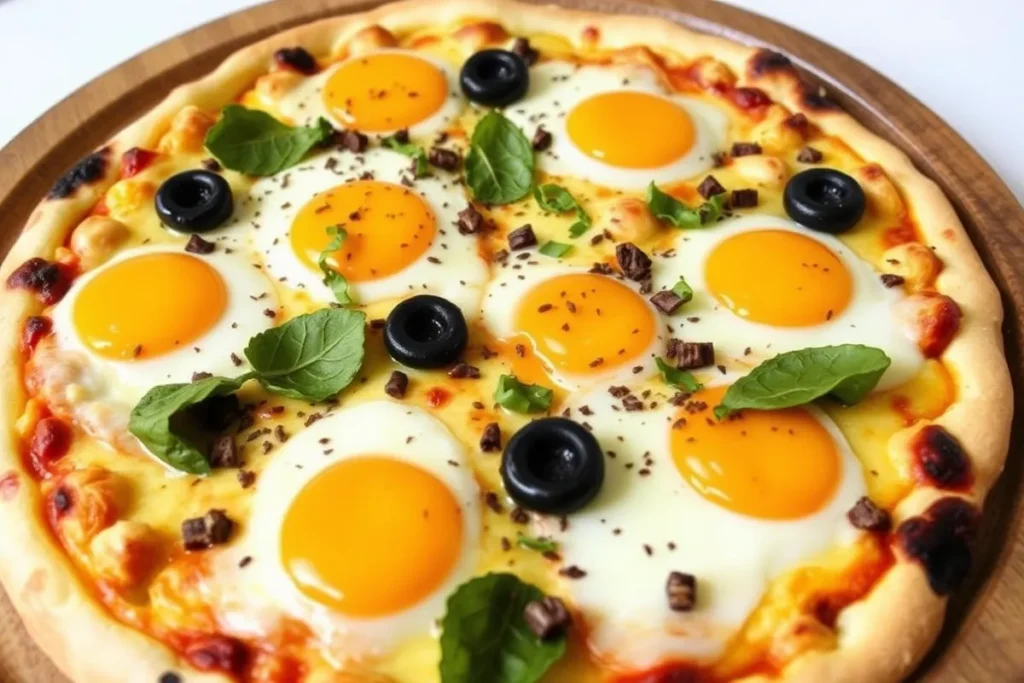 Delicious breakfast pizza for schools with scrambled eggs, cheese, and vegetables