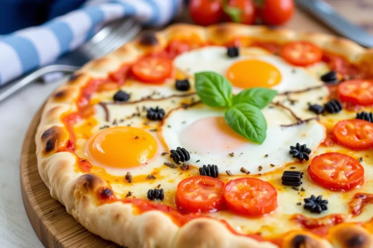 Delicious breakfast pizza for schools with scrambled eggs, cheese, and vegetables